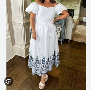 Like Love White Midi Dress with Navy Embroidery And Puff Sleeves 100% Cotton
